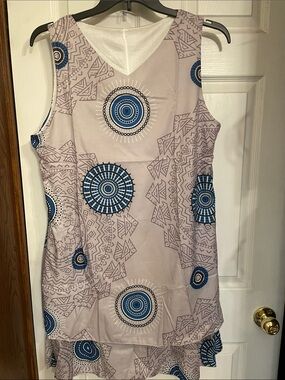 Source Unknown Beige and Blue Sleeveless Geometric Print Dress